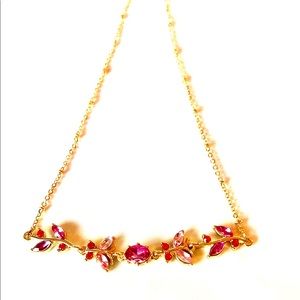 LC Necklace Pink Glass Floral Gold Tone